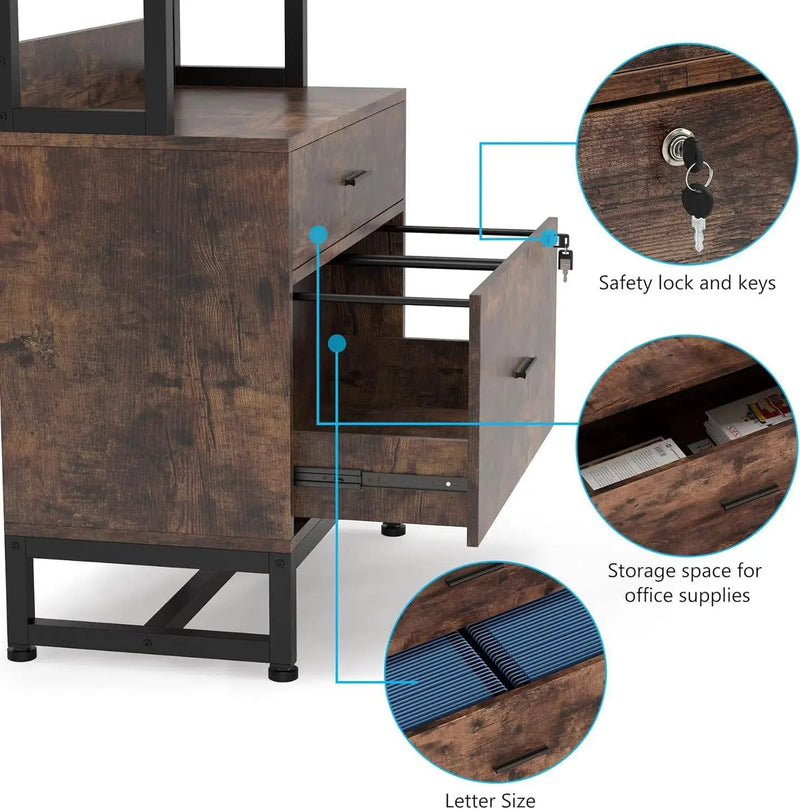 Home Office Lockable 2 Drawer Filing Cabinet Bookshelf in Brown Wood Finish by HomePacific