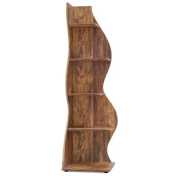 Modern Wave Shape 5 Shelf Corner Bookcase in Brown Wood Finish by HomePacific
