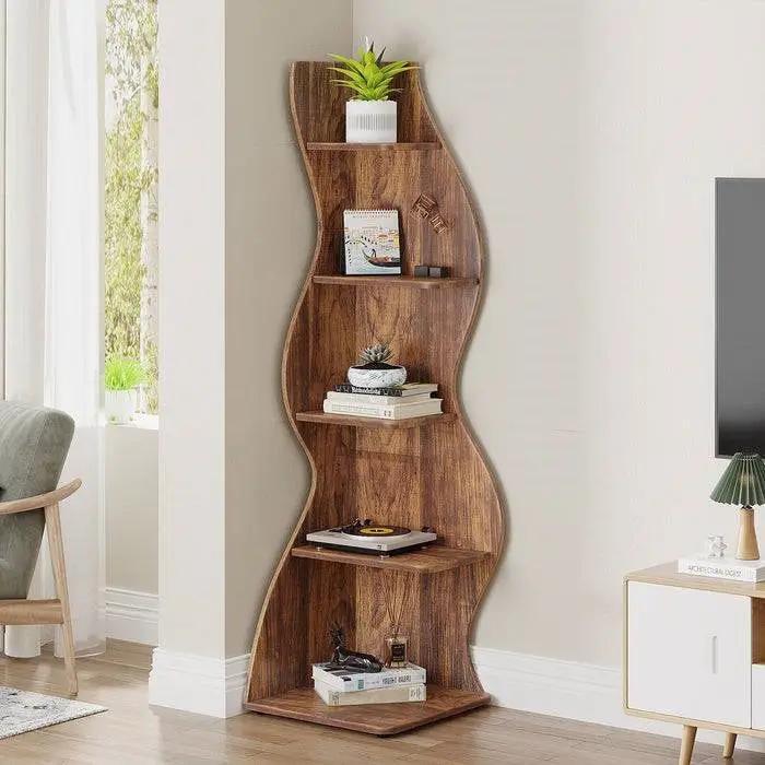 Modern Wave Shape 5 Shelf Corner Bookcase in Brown Wood Finish by HomePacific