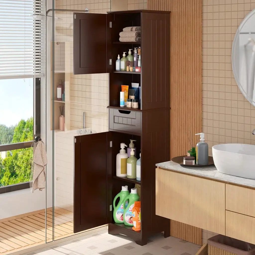 Dark Brown Bathroom Linen Cabinet Tower with 2 Doors Storage Drawer and Shelf by HomePacific