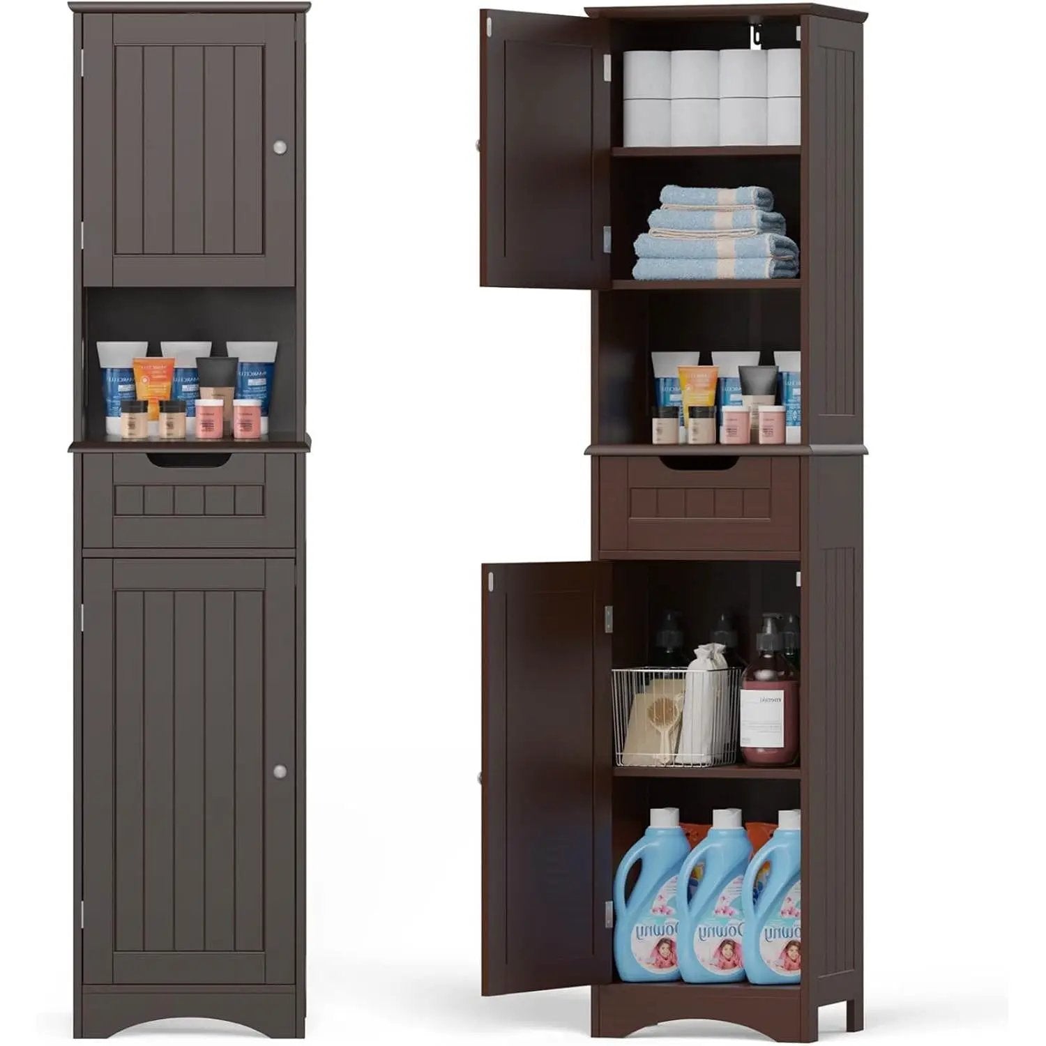 Dark Brown Bathroom Linen Cabinet Tower with 2 Doors Storage Drawer and Shelf by HomePacific