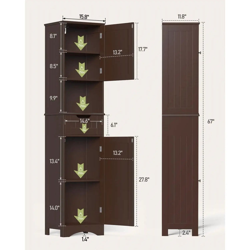 Dark Brown Bathroom Linen Cabinet Tower with 2 Doors Storage Drawer and Shelf by HomePacific