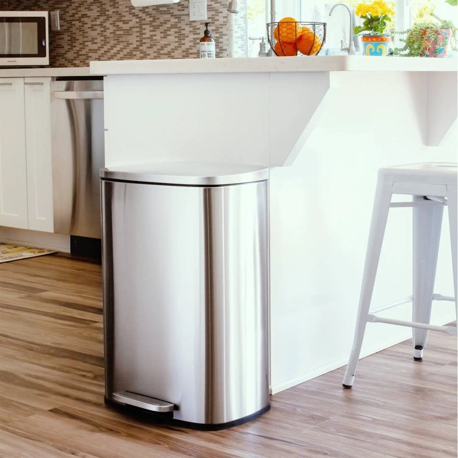 13 Gallon Brushed Stainless Steel Kitchen Trash Can with Step Open Lid by HomePacific