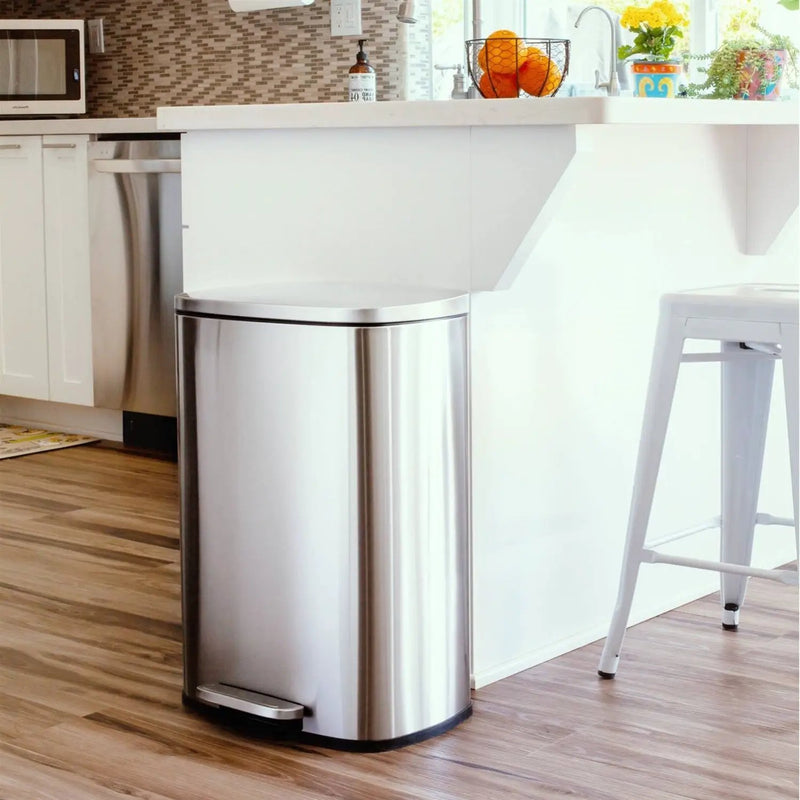 13 Gallon Brushed Stainless Steel Kitchen Trash Can with Step Open Lid by HomePacific