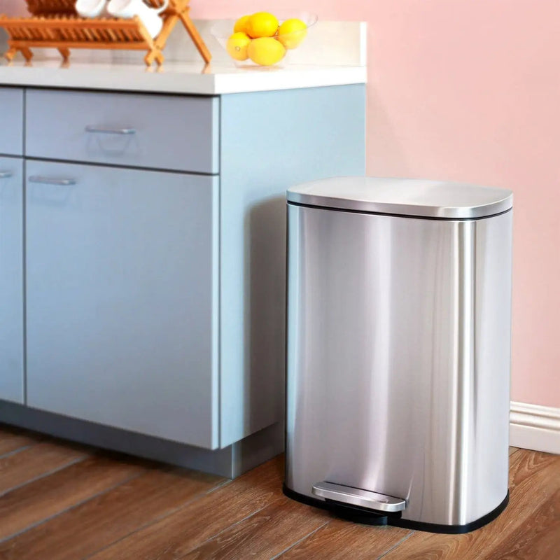 13 Gallon Brushed Stainless Steel Kitchen Trash Can with Step Open Lid by HomePacific
