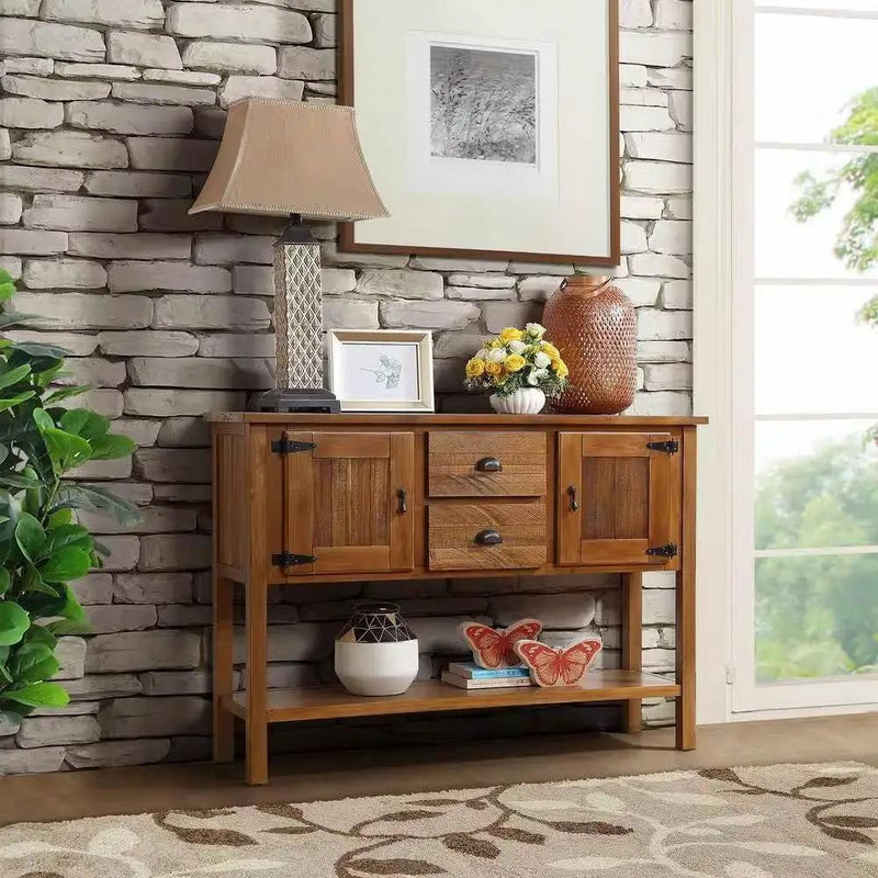 Solid Wood Farmhouse Console Table Buffet Cabinet with Storage Drawers in Brown by HomePacific