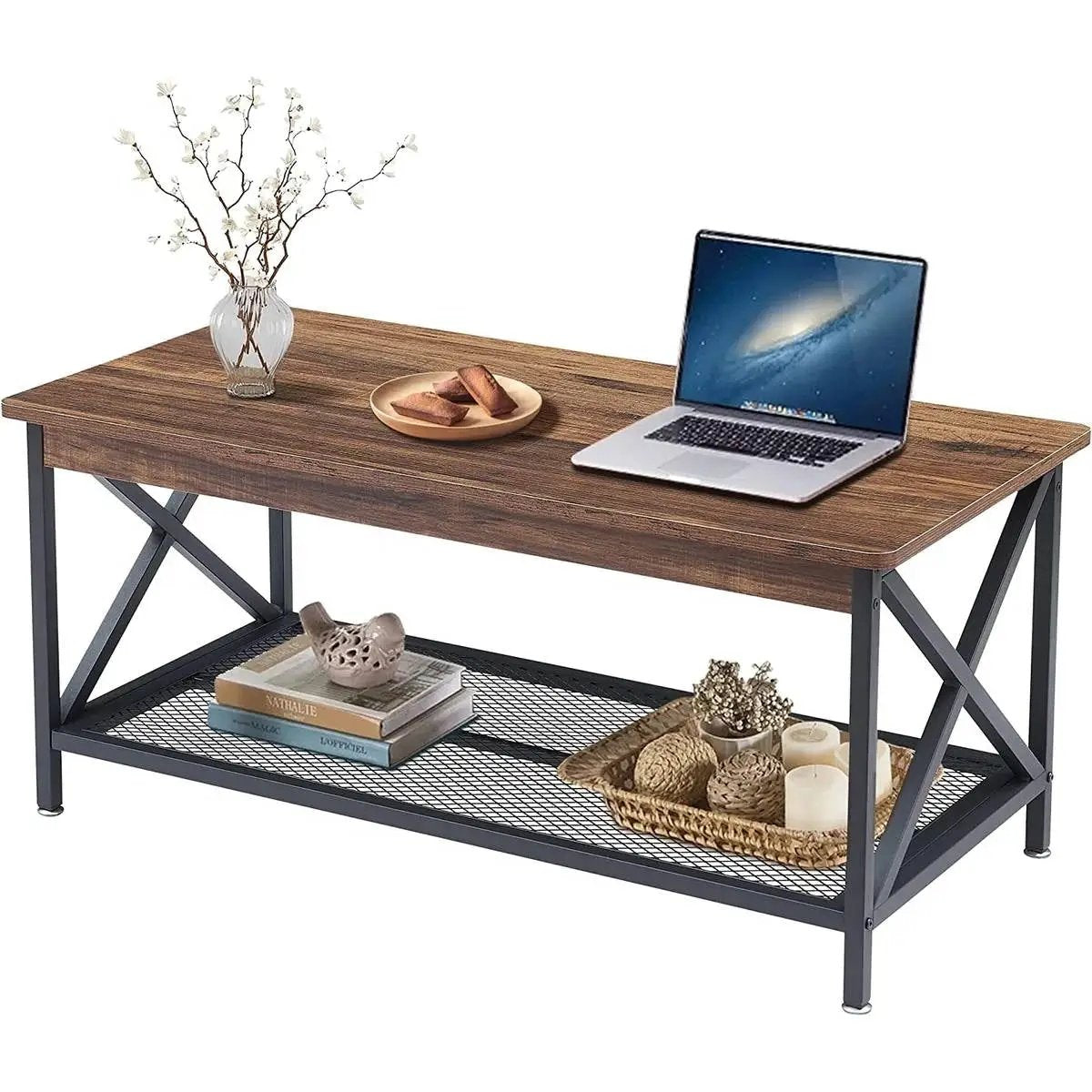Modern Classic Metal Wood Coffee Table with Bottom Storage Shelf by HomePacific