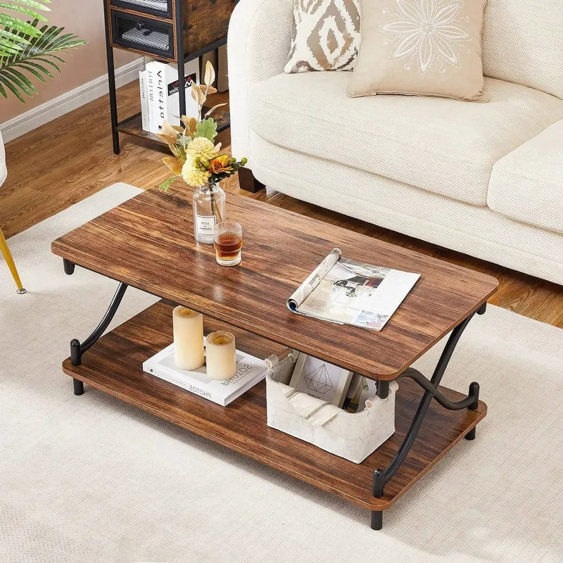 Modern Industrial Black Metal Brown Wood Coffee Table with Lower Storage Shelf by HomePacific