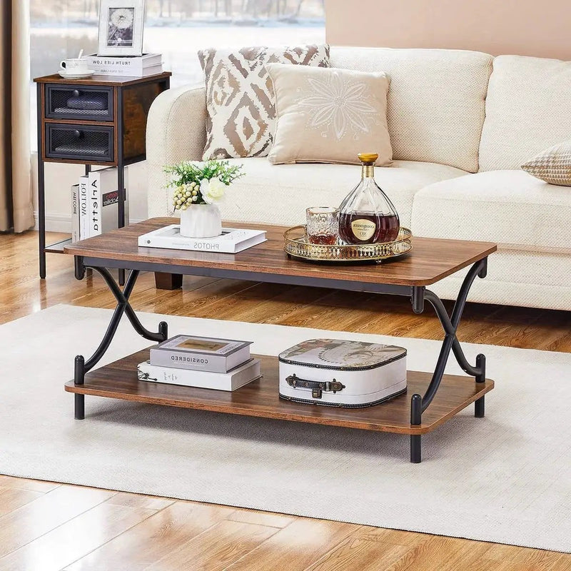 Modern Industrial Black Metal Brown Wood Coffee Table with Lower Storage Shelf by HomePacific