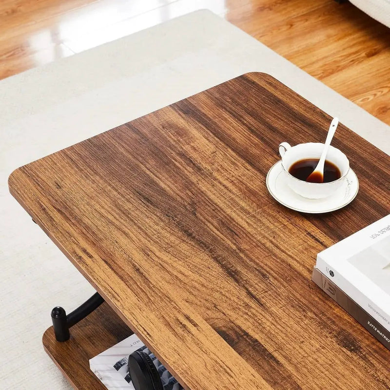 Modern Industrial Black Metal Brown Wood Coffee Table with Lower Storage Shelf by HomePacific