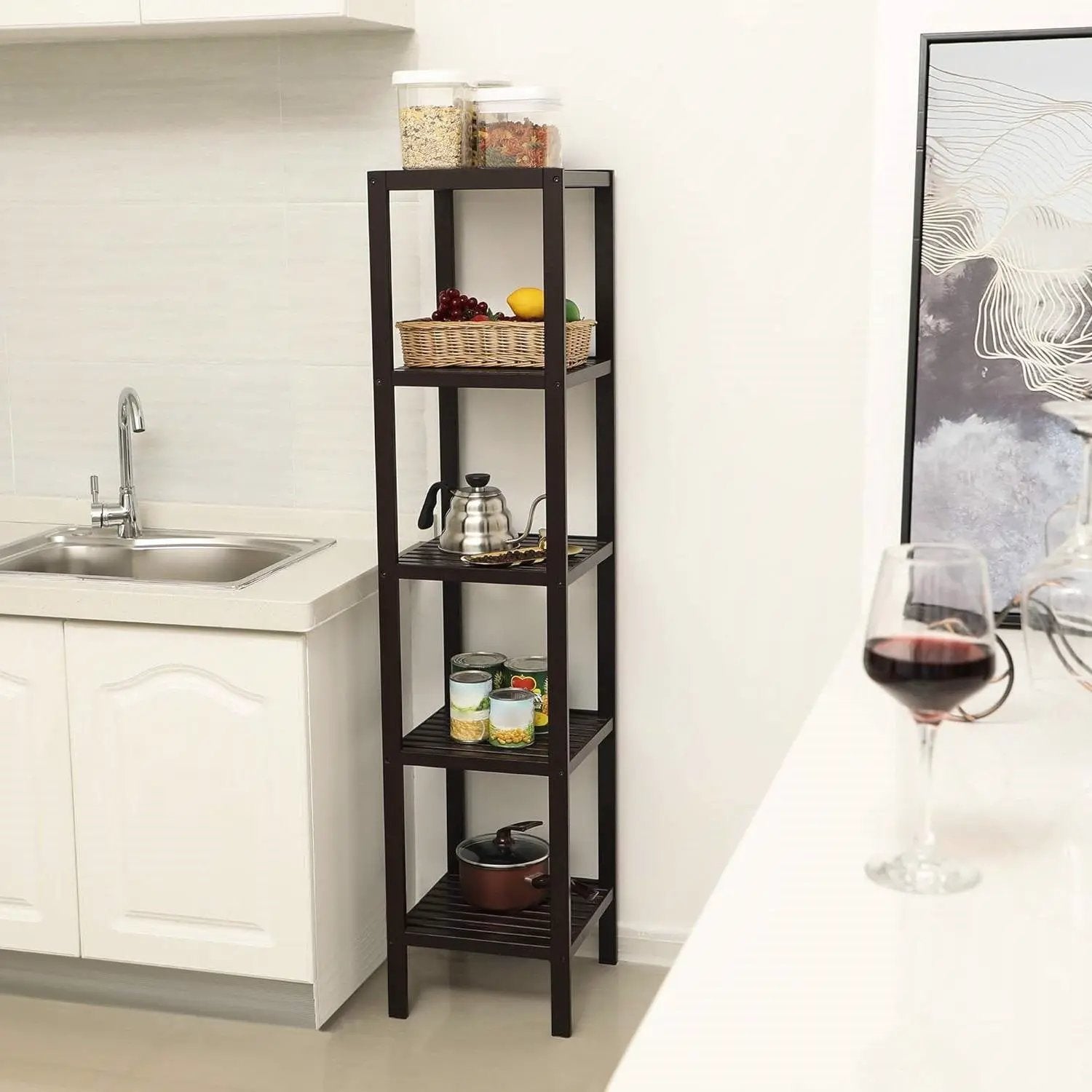 Brown Bamboo Wood 4-Shelf Versatile Storage Unit Rack Narrow Bookcase by HomePacific
