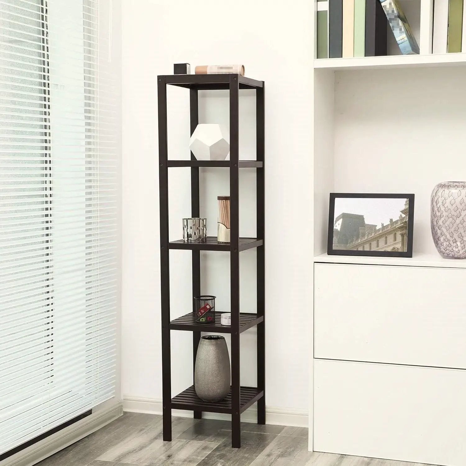 Brown Bamboo Wood 4-Shelf Versatile Storage Unit Rack Narrow Bookcase by HomePacific