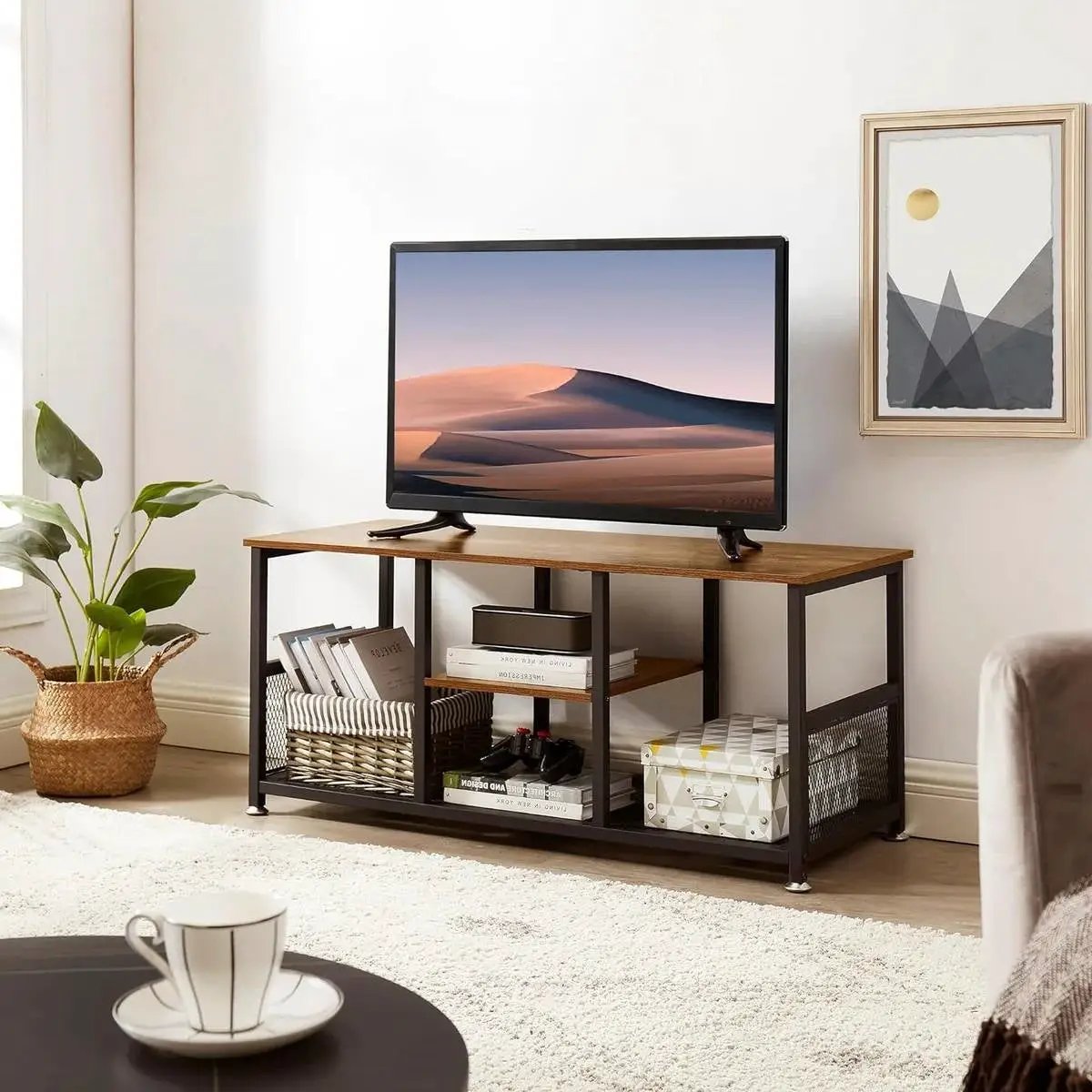 Industrial Modern Metal Wood TV Stand with Media Storage Shelf by HomePacific