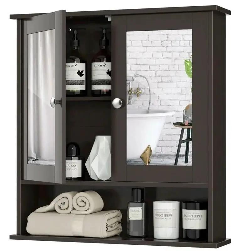 Brown Wooden Bathroom Wall / Medicine Cabinet with Mirrored Doors and Shelf by HomePacific
