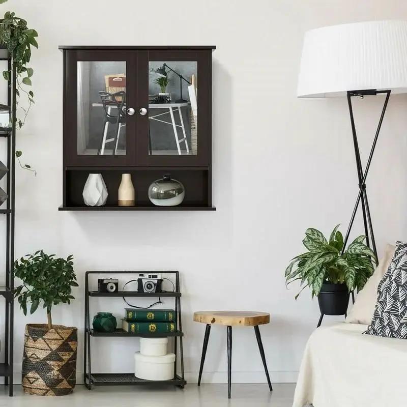 Brown Wooden Bathroom Wall / Medicine Cabinet with Mirrored Doors and Shelf by HomePacific