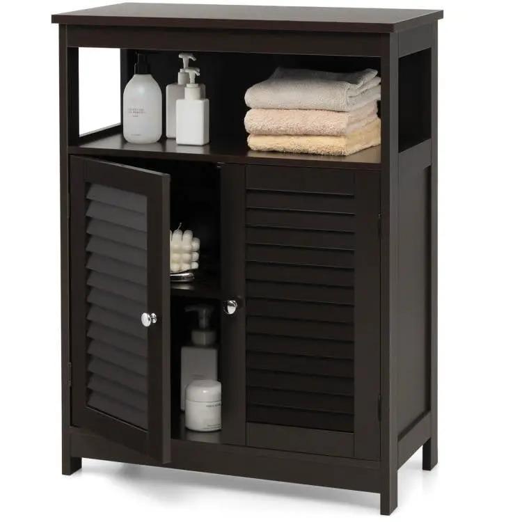 Brown Farmhouse Bathroom Linen Cabinet with Louvered Doors and Open Shelf by HomePacific