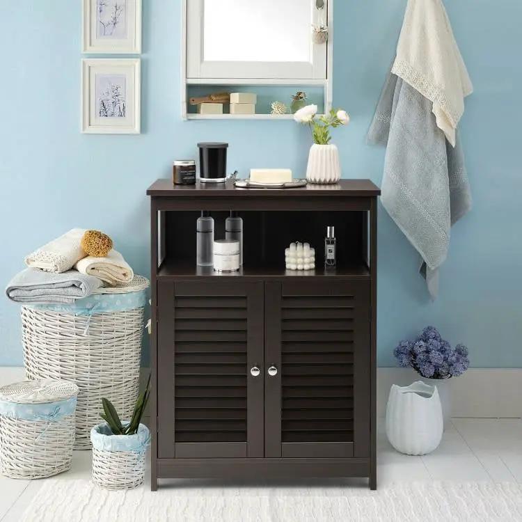 Brown Farmhouse Bathroom Linen Cabinet with Louvered Doors and Open Shelf by HomePacific