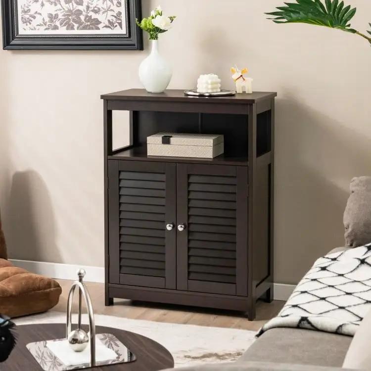 Brown Farmhouse Bathroom Linen Cabinet with Louvered Doors and Open Shelf by HomePacific