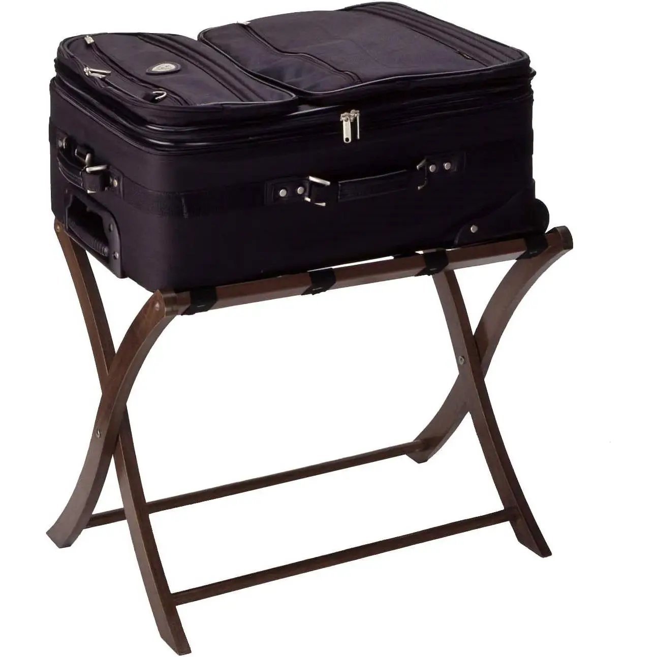 Solid Wood Folding Luggage Rack in Medium Brown Finish with Black Nylon Straps by HomePacific