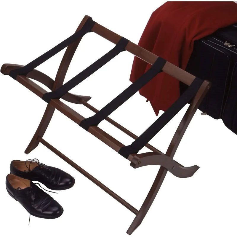 Solid Wood Folding Luggage Rack in Medium Brown Finish with Black Nylon Straps by HomePacific