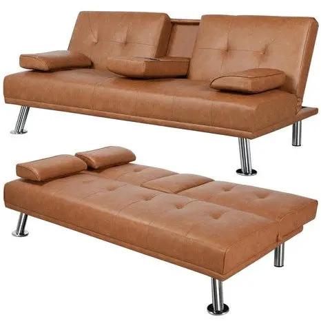 Brown Modern Faux Leather Cup Holders Convertible Sofa Bed Futon Sleeper by HomePacific