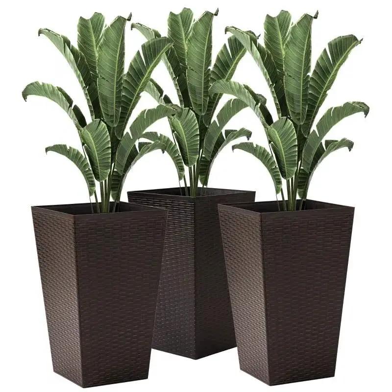 Set of 3 - Brown Faux Rattan Plastic Tall Large Flower Pots by HomePacific