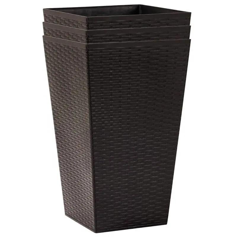 Set of 3 - Brown Faux Rattan Plastic Tall Large Flower Pots by HomePacific