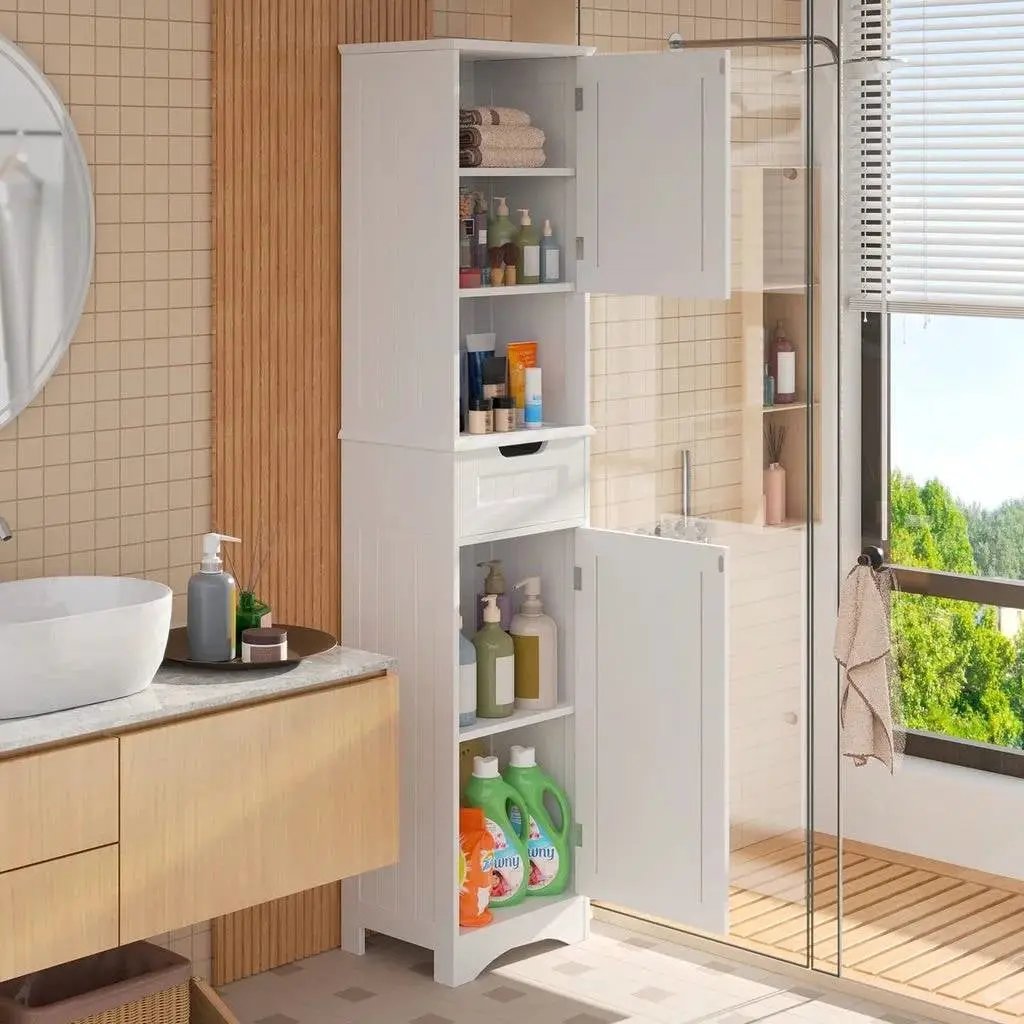 White Bathroom Linen Cabinet Tower with 2 Doors Storage Drawer and Shelf by HomePacific