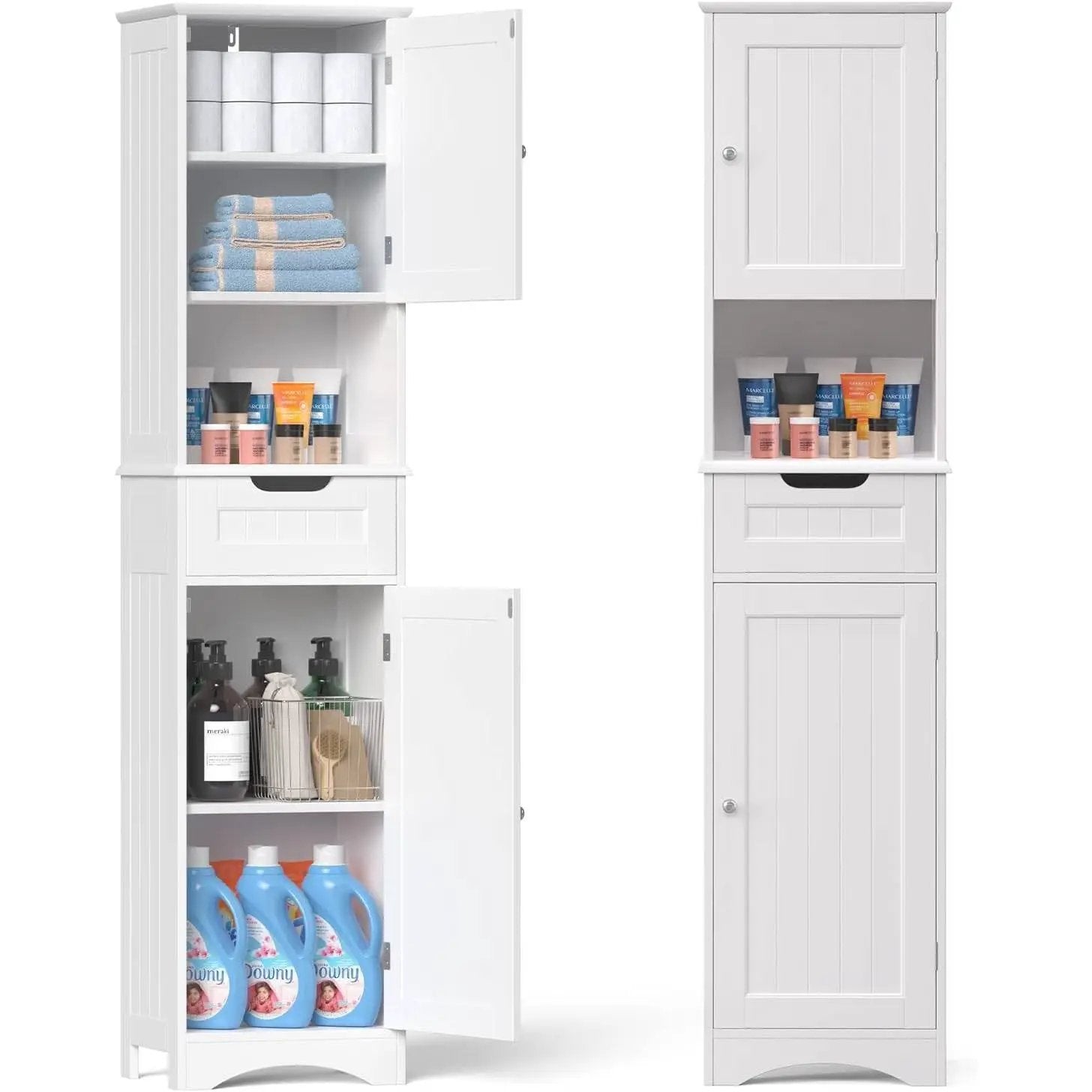 White Bathroom Linen Cabinet Tower with 2 Doors Storage Drawer and Shelf by HomePacific