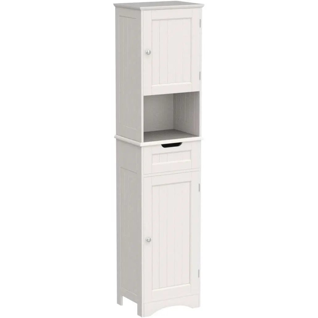 White Bathroom Linen Cabinet Tower with 2 Doors Storage Drawer and Shelf by HomePacific