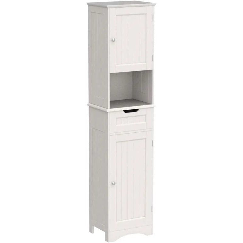 White Bathroom Linen Cabinet Tower with 2 Doors Storage Drawer and Shelf by HomePacific
