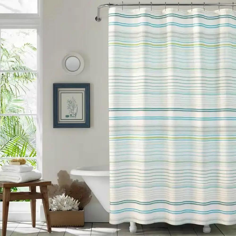 72-inch Sea Breeze Blue Green White Cabana Stripe Cotton Shower Curtain by HomePacific