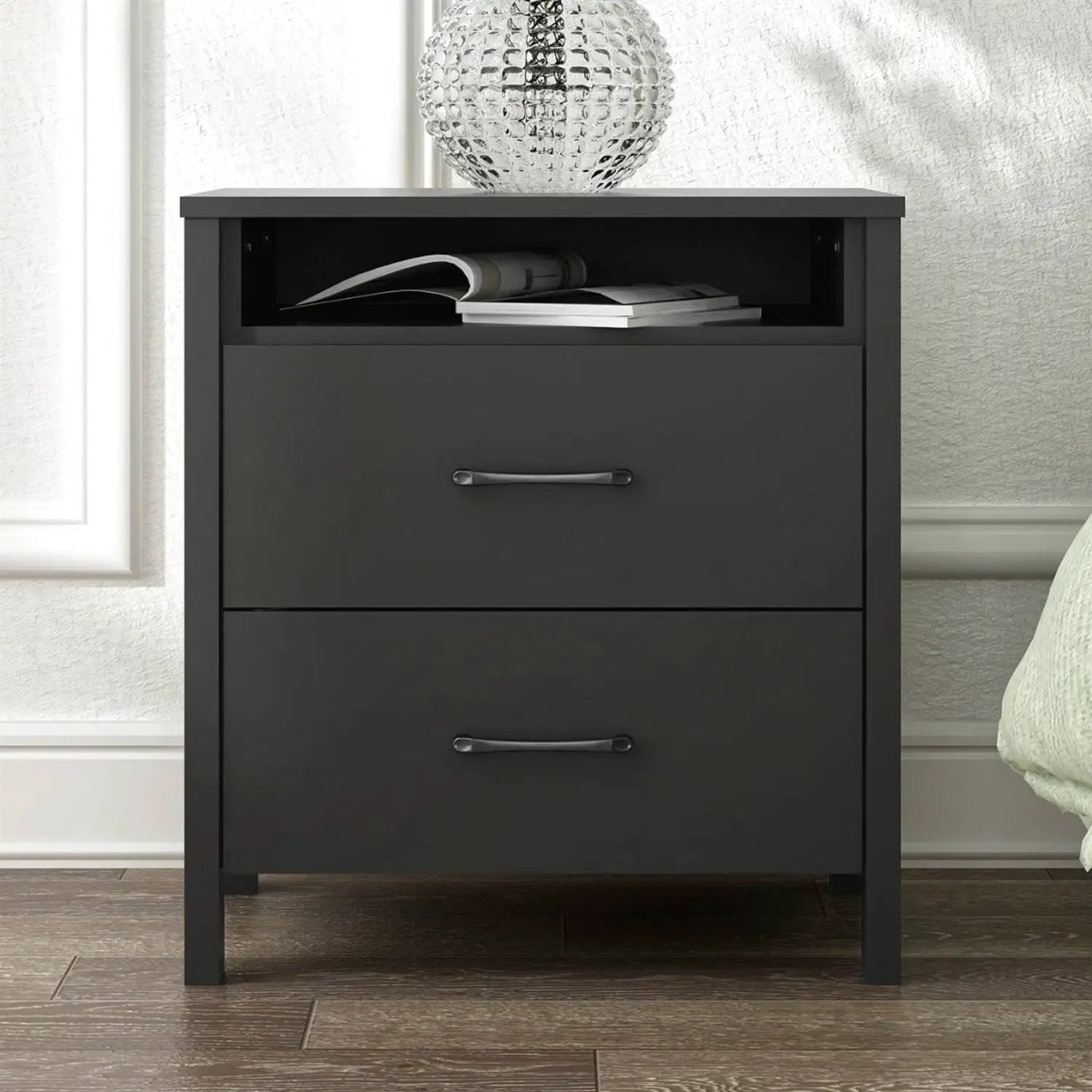 Modern 2-Drawer Nightstand Bedside Table in Black Wood Finish by HomePacific