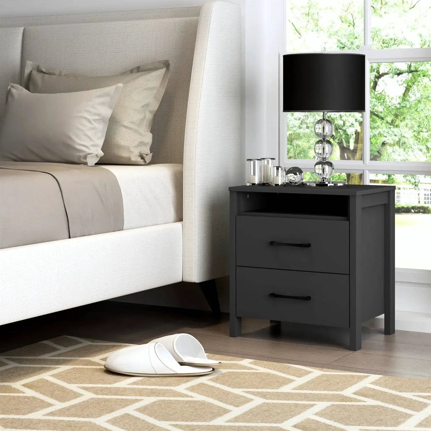 Modern 2-Drawer Nightstand Bedside Table in Black Wood Finish by HomePacific
