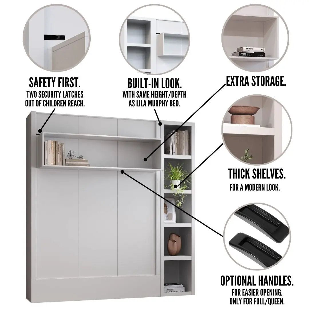 Easy-Lift Queen Murphy Wall Bed in Grey with Bookshelf by Sharicks