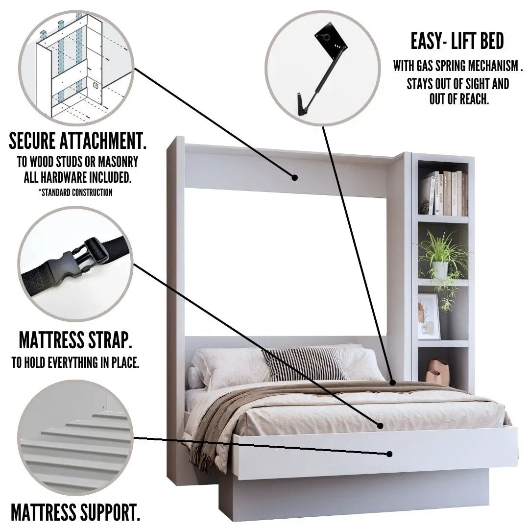 Easy-Lift Full Murphy Wall Bed in Black with Bookshelf by Sharicks