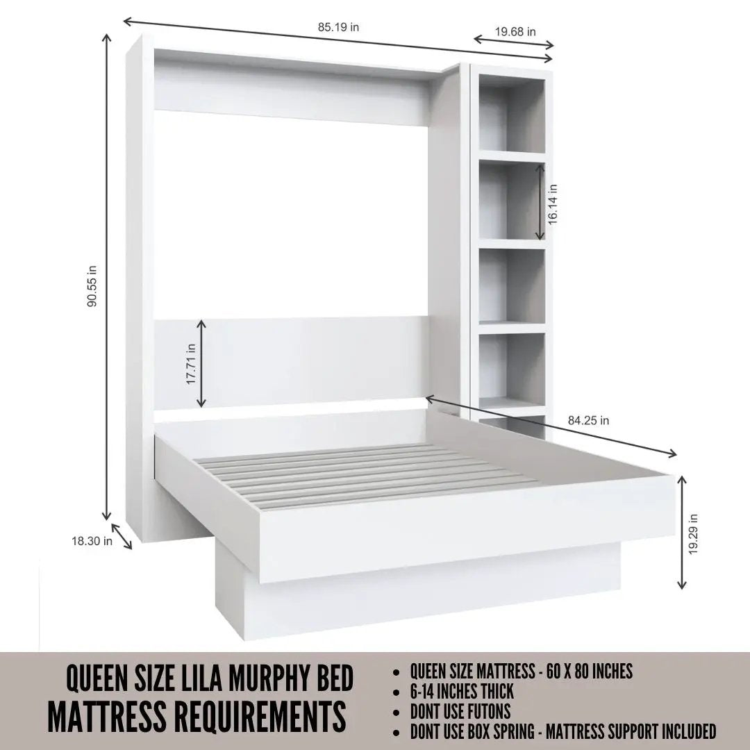 Easy-Lift Queen Murphy Wall Bed in White with Bookshelf by Sharicks