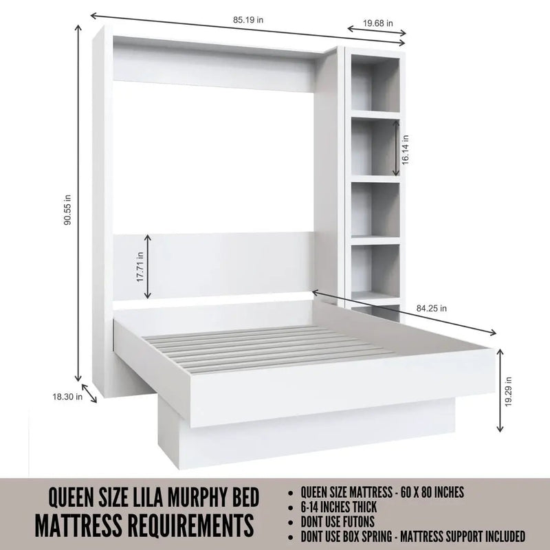 Easy-Lift Queen Murphy Wall Bed in White with Bookshelf by Sharicks