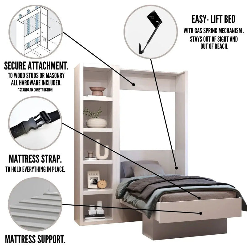 Easy-Lift Twin Murphy Wall Bed in Natural Brown Wood Grain with Bookshelf by Sharicks