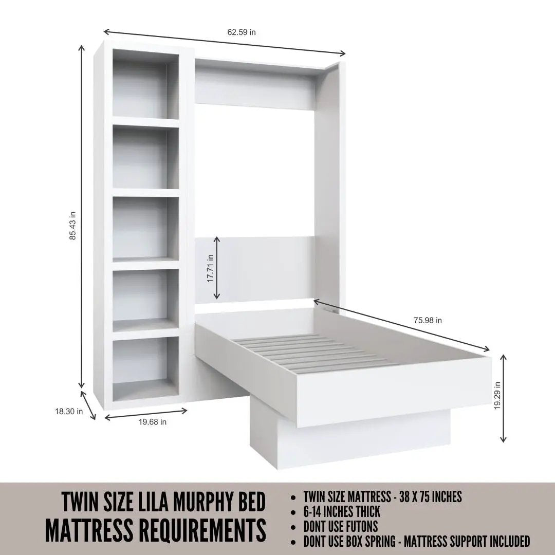 Easy-Lift Twin Murphy Wall Bed in Dark Grey with Bookshelf by Sharicks