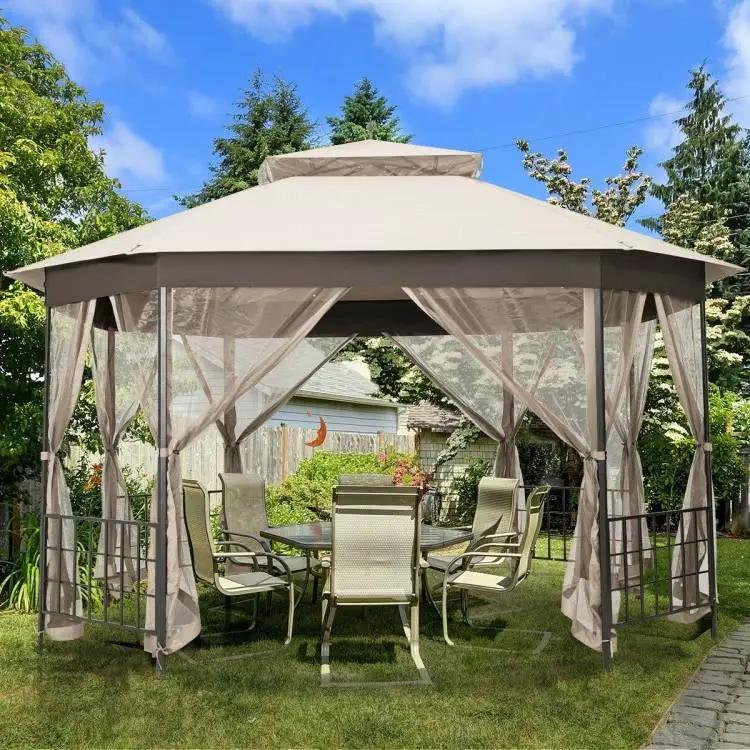 Outdoor 10 x 12 Ft Octagon Gazebo with Mosquito Net Sidewalls and Beige Canopy by HomePacific