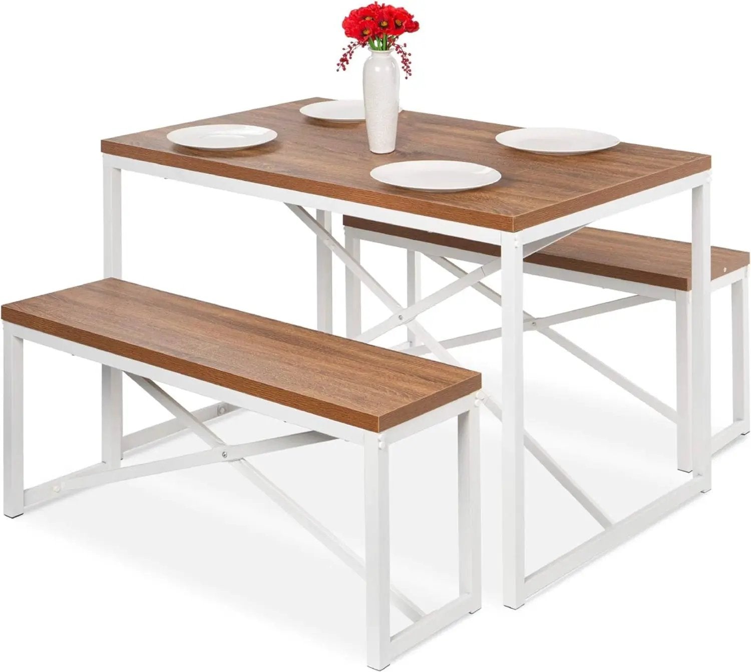 Modern 3-Piece Dining Set Wood Top White Metal Frame Table and 2 Bench Chairs by HomePacific