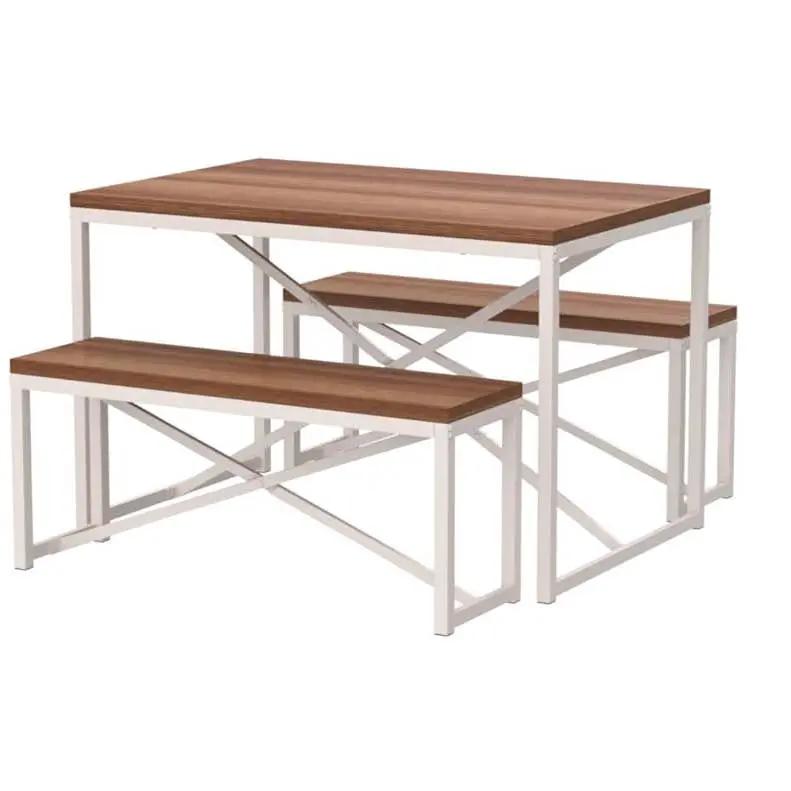 Modern 3-Piece Dining Set Wood Top White Metal Frame Table and 2 Bench Chairs by HomePacific