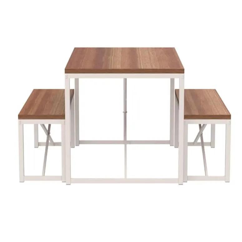Modern 3-Piece Dining Set Wood Top White Metal Frame Table and 2 Bench Chairs by HomePacific