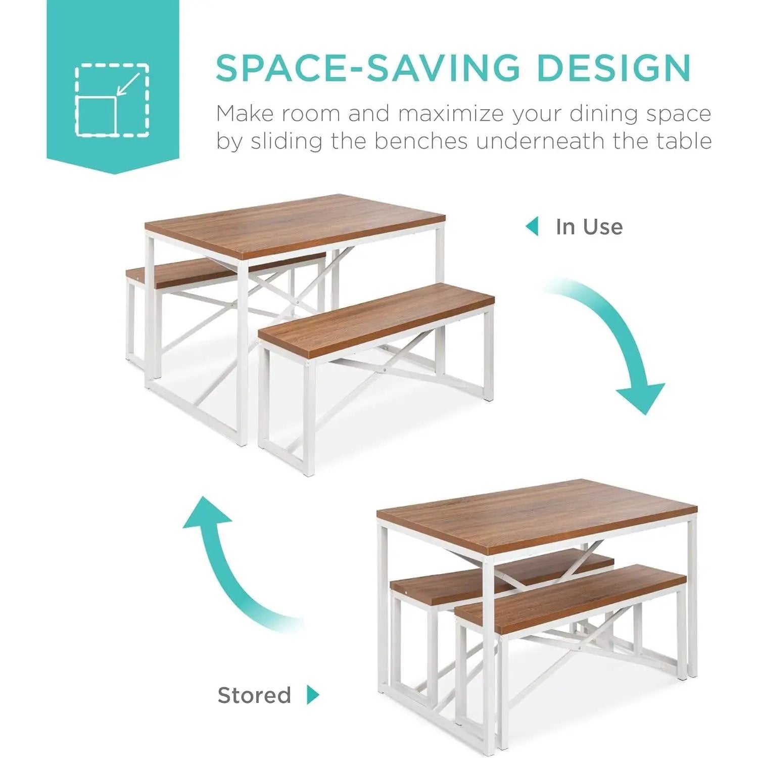 Modern 3-Piece Dining Set Wood Top White Metal Frame Table and 2 Bench Chairs by HomePacific