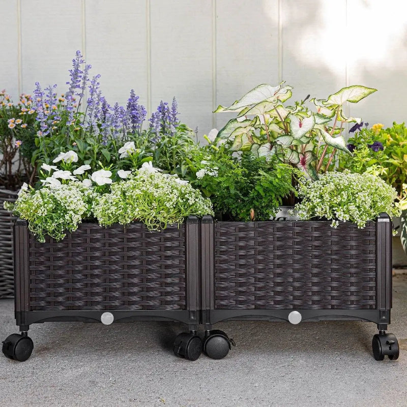 Modern 2-Piece Indoor Outdoor Raised Garden Planter Box on Wheels in PP Rattan by HomePacific