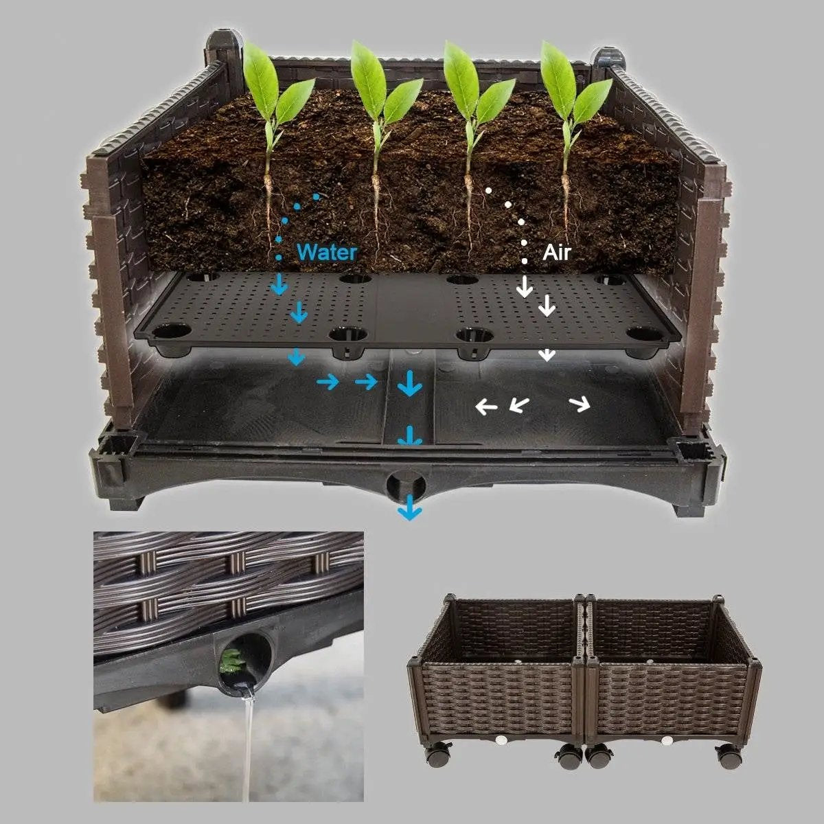 Modern 2-Piece Indoor Outdoor Raised Garden Planter Box on Wheels in PP Rattan by HomePacific