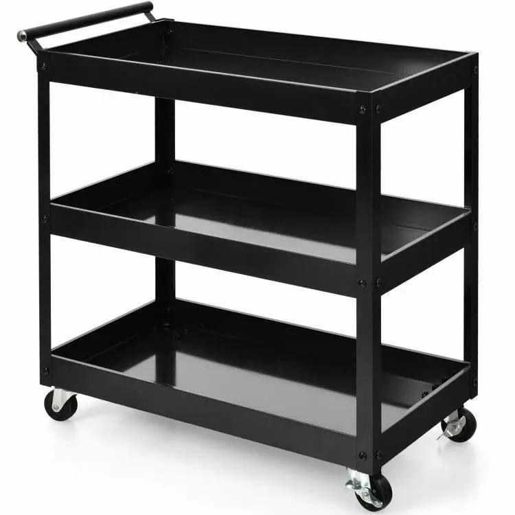 Black Steel Frame Kitchen Serving Utility Cart on Wheels with 2 Bottom Shelves by HomePacific