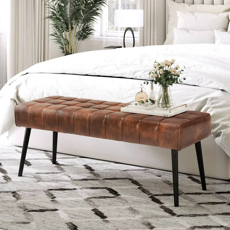 Mid-Century Modern Bedroom Bench with Brown PU Leather Seat and Tapered Legs by HomePacific