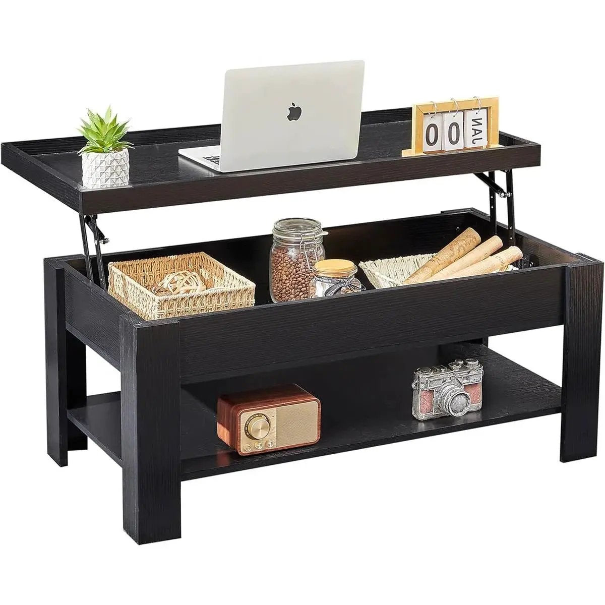 Modern Lift Top Coffee Table Laptop Tray with Storage Shelf in Black Wood Finish by HomePacific